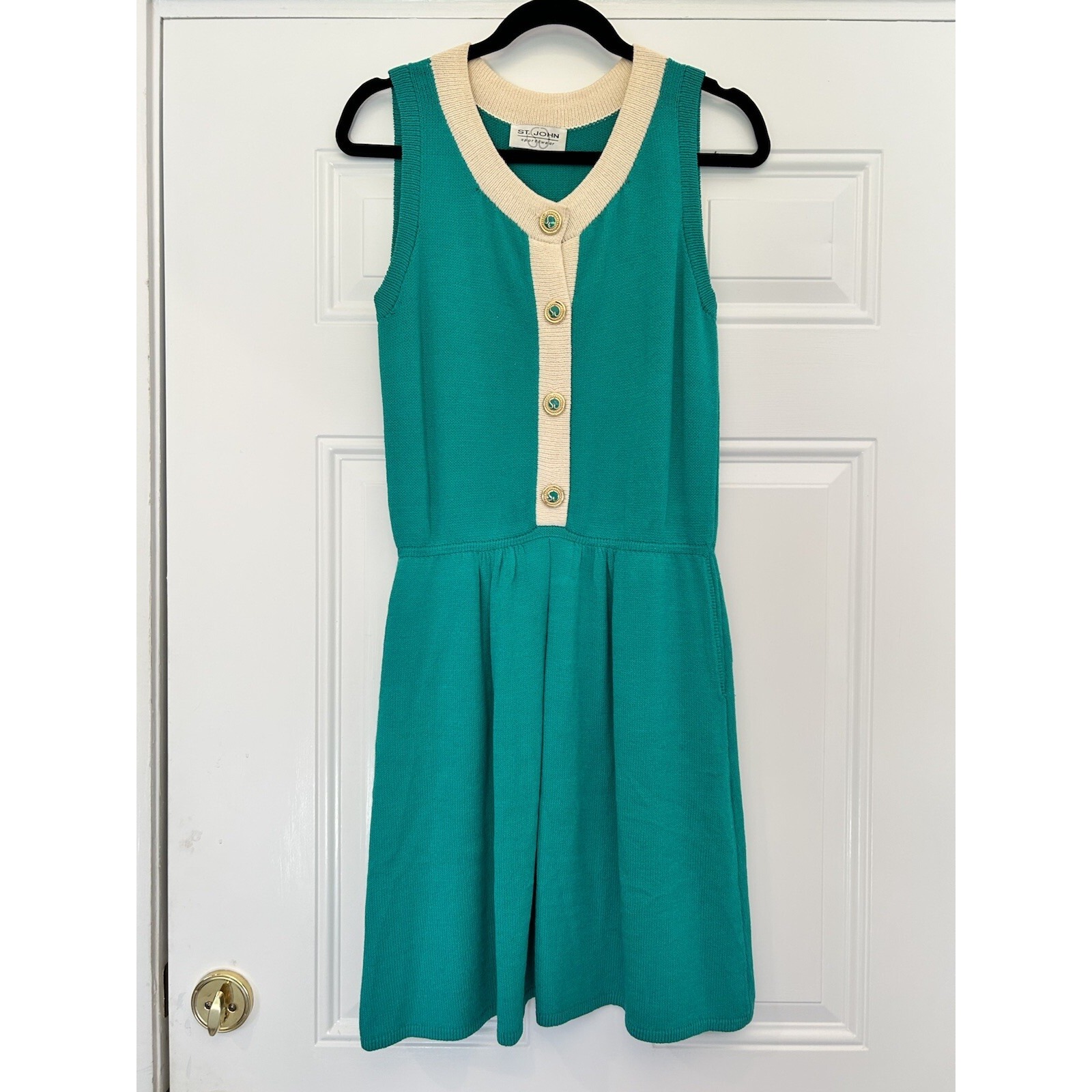 St John Santana Knit Sleeveless Green Dress Button Front Luxury Summer Work 6